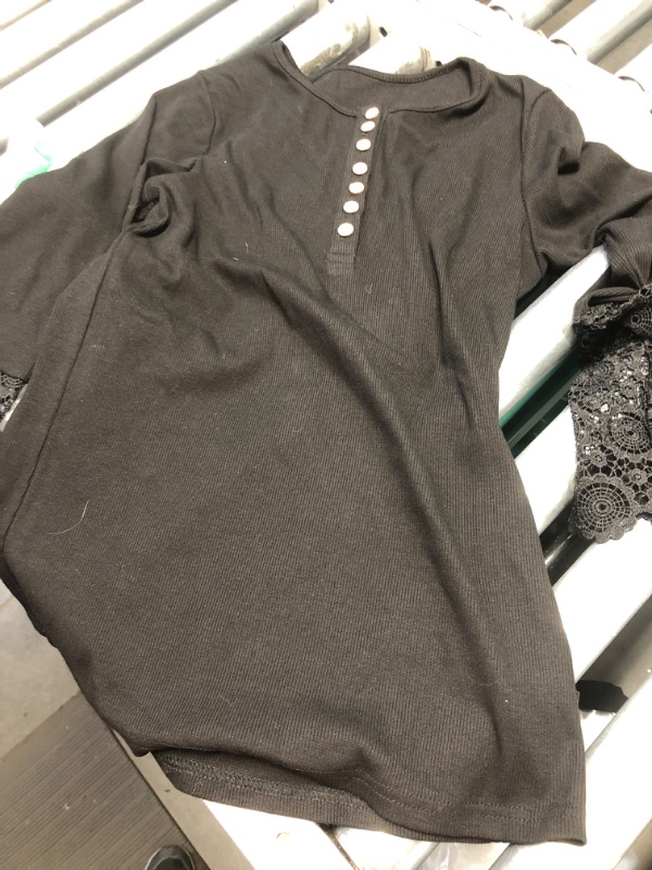 Photo 1 of (small) Limerose Women's Long Sleeve Lace Trim Tunic Tops Button Down Casual Blouse Cute Crew Neck Ribbed Shirt Black