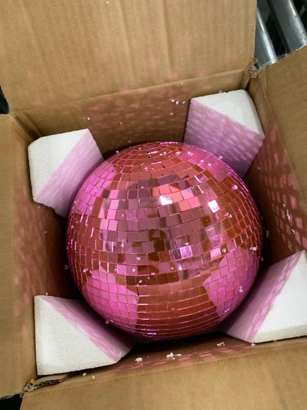 Photo 1 of 10 Inch Pink Mirror Disco Ball, Stage Lightning Effect Ball with Hanging Ring for Party DJ Light Effect Stage Prop,Reflective Mirror Ball for Home Decorations