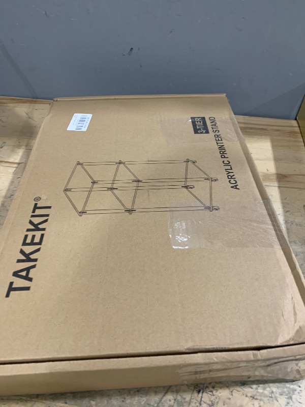 Photo 1 of (missing pieces)(sold for parts) TAKEKIT Acrylic Printer Stand, 3-Tier Printer Table on Wheels, Multifunctional Rolling Printer Cart Storage Shelf for Home Office Organization
