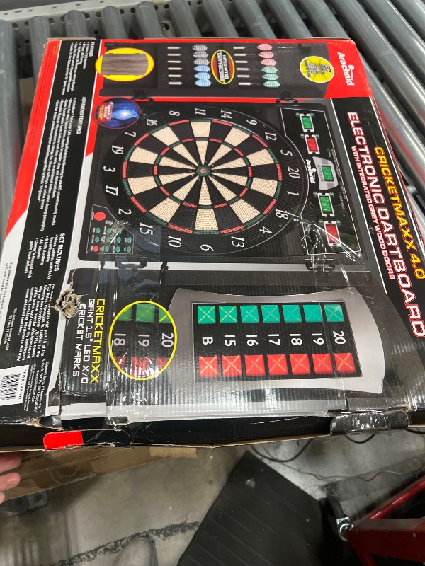 Photo 1 of ***Major Damage**
Arachnid Cricket Maxx 4.0 Electronic Dartboard Cabinet Set - Stylish Woodgrain Doors - 37 Game Types with 217 Variations - Heckler Feature + Solo Play - Includes Six Soft Tip Darts