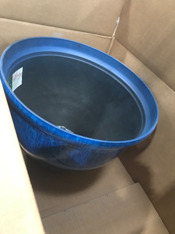 Photo 1 of (USED/FAIR) The HC Companies Pizzazz Decorative Round Flower Pots w/Ceramic Look - UV-Resistant Decorative Pot for Outdoor & Indoor Plant Pots - Modern Planter for Flower, Herbs (16” Admiral Blue, Pack of 1)