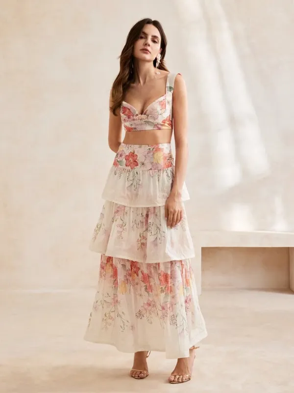 Photo 1 of newsta Summer Romantic Flower Printed Crop Top And Cake Skirt Set L