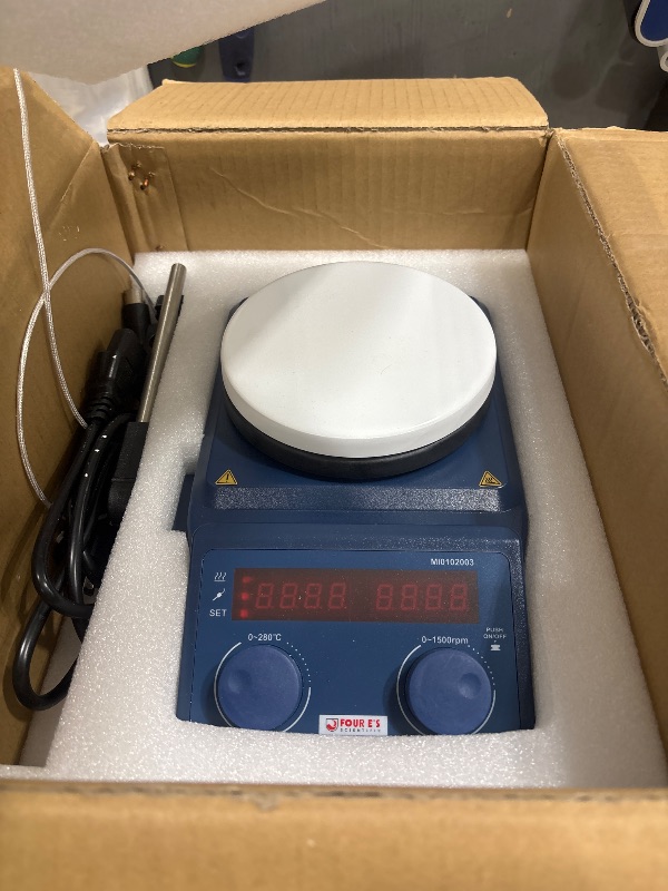 Photo 1 of FOUR E'S SCIENTIFIC 280?/536°F 5 inch Digital Hotplate Magnetic Stirrer Hot Plate Ceramic Coated | 100-1500rpm | 5L | 110V Support Stand Stir Bar Retriever Temp Probe Sensor Stir Bars Included