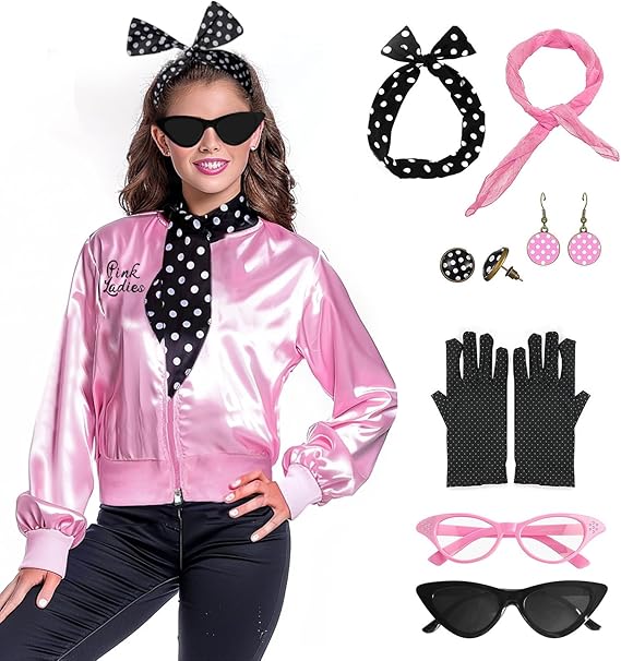 Photo 1 of *MISSING SOME ACCESSORIES* FAYBOX Pink Ladies Jacket Grease 50s Outfit Costume for Women,Halloween Costumes Accessories Adults 3XL 
