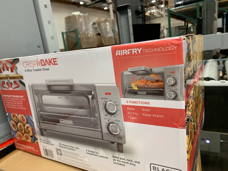Photo 1 of BLACK+DECKER Crisp 'N Bake Air Fry Countertop Convection Toaster Oven, Medium Capacity, 4-Slice, 5-in-1, Fits 9” Pizza, 30-Min Timer, Bake, Broil, Air Fry, Toast, Keep Warm, Stainless Steel