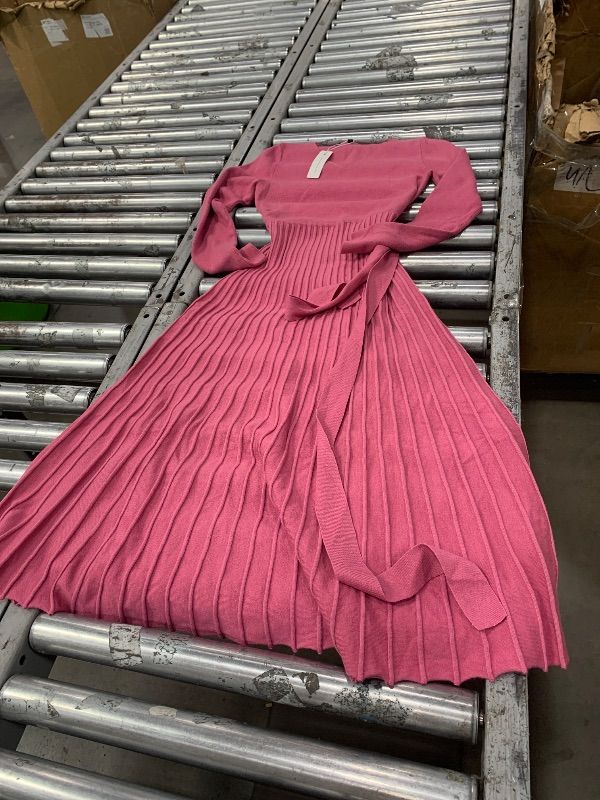 Photo 1 of Arach&Cloz Fall Womens Sweater Dress 2024 Long Sleeve V Neck Cashmere Ribbed Knit Tie Waist Pleated A Line Pullover Fashion Belt Midi Clothes Rose Pink S