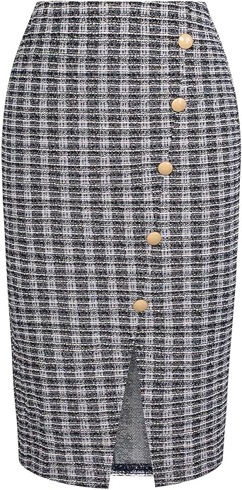 Photo 1 of Kate Kasin Women Tweed Plaid Skirt Fall Stretchy High Waisted Midi Pencil Skirts with Slit 2024, LARGE