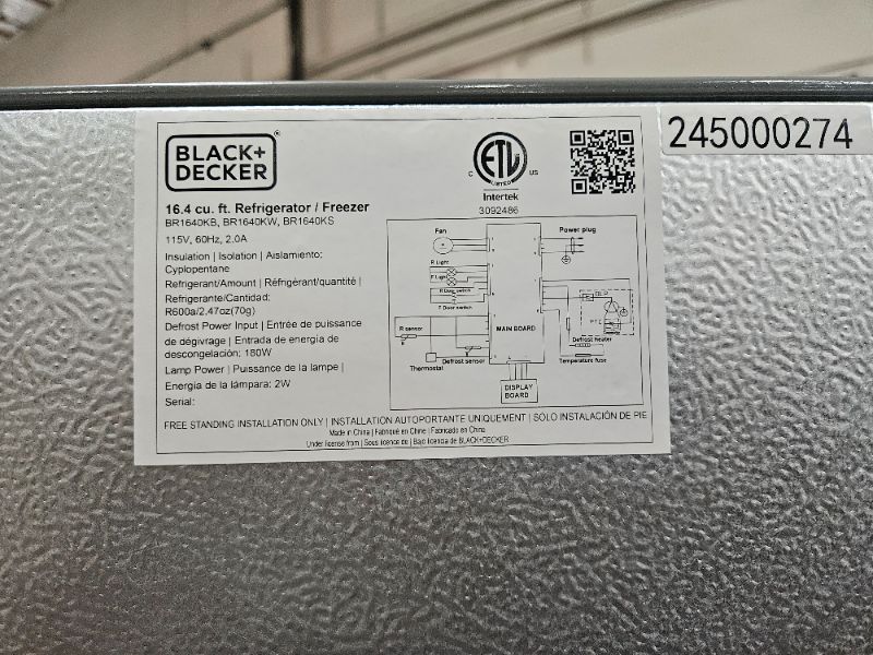 Photo 1 of 
BLACK+DECKER 16.4 Cu. Ft. Top Mount Refrigerator with Freezer, 2 Door Refrigerator with Top Freezer and Separate Temperature Controls, Auto Defrost,...