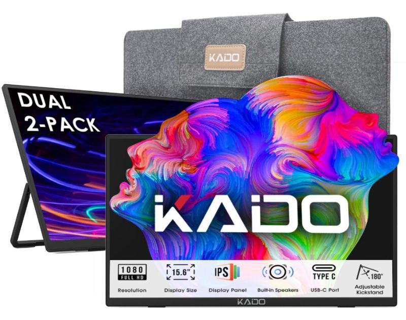 Photo 1 of *UNABLE TO TEST* Kado Dual Portable Monitor Setup - 2-Pack 15.6" FHD for Laptop, 1920x1080 IPS HDMI USB Type-C Screen Extender, Built-in Speakers, Stacked Setup for Office Gaming Daytrading