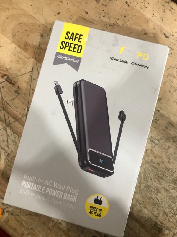 Photo 1 of 12000mAh Lightweight-Portable-Charger-Power-Bank with Built-in Cables and AC Wall Plug, PD20W USB-C Fast Charging Battery Pack, LED Display External Travel Phone Charger for All iPhone,Samsung,Android