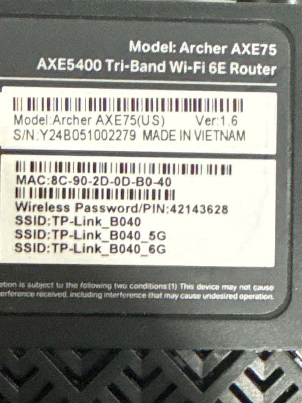 Photo 1 of TP-Link AXE5400 Tri-Band WiFi 6E Router (Archer AXE75)- Gigabit Wireless Internet Router, ax Router for Gaming, VPN Router, OneMesh, WPA3, Black