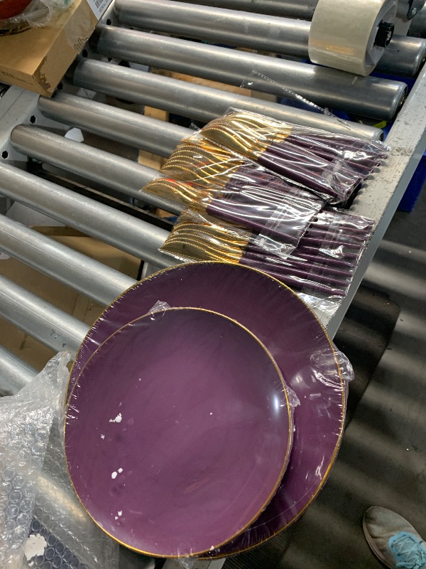 Photo 1 of ***(MISSING FORKS AND SPOONS)***
Liacere 150PCS Purple Plastic Plates - Gold Plastic Silverware with Purple Handle - Purple Disposable Plates Include 30 Guests Plates, Forks, Spoons, Knives for Wedding&Valentine's Day