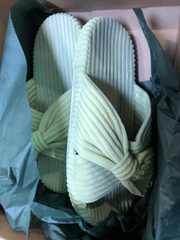 Photo 1 of [ HEAVILY USED] Chantomoo Slippers for Women Memory Foam House Bedroom Corduroy Bow Crossbands Slide Slipper Shoes Comfy Trendy Gift Slippers Avocado Green Size 11 12 10.5