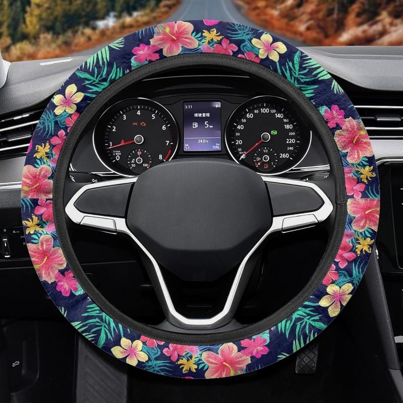 Photo 1 of ***STOCK PHOTO REFERENCE ONLY PLEASE SEE ALL PHOTOS***USED***Hibiscus Floral Leaf Print Elastic Car Steering Wheel Cover for Women,Non-Slip,Breathable,Universal 15 Inch