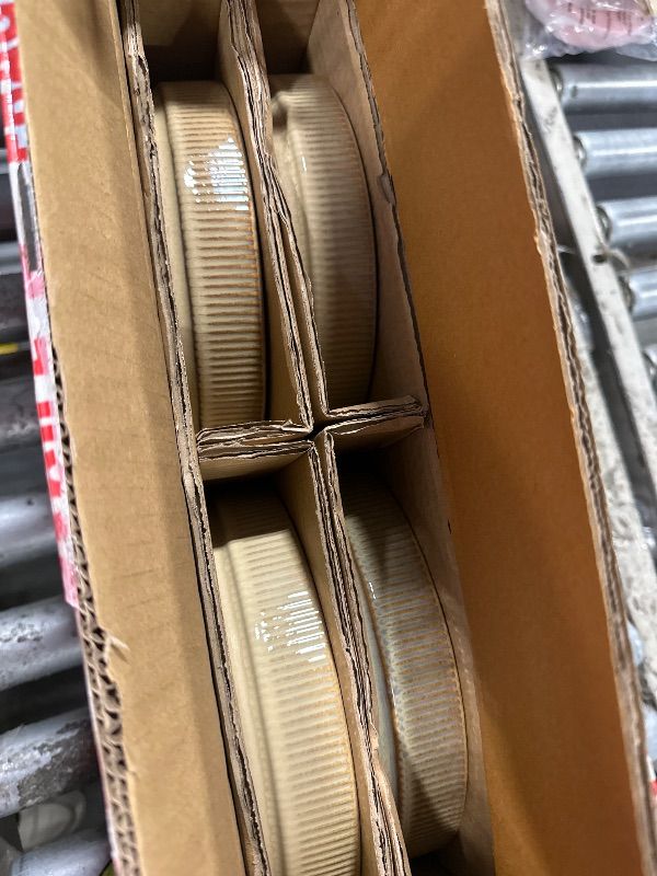 Photo 1 of **MISSING 1 PLATE** E-far Pasta Bowls Set of 4, 35oz Large Salad Bowl Plate for Dinner Serving, Wide & Shallow Ceramic Stoneware Pasta Plate, Microwave & Dishwasher Safe, Reactive Glaze Textured Stripe, Caramel Khaki