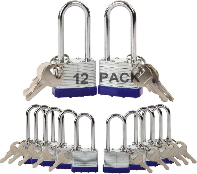 Photo 1 of ** RETAIL PRICE : $39.97 ** 
Lucky-12Pcs Set Keyed-Alike Laminated Steel Padlocks with Same-Key, Long-Shackle, 1-9/16" 40MM Heavy-Duty Padlock Body, 12Pcs of Locks with 28Pcs Key with Big Handle for Lockers-Lock, Fence