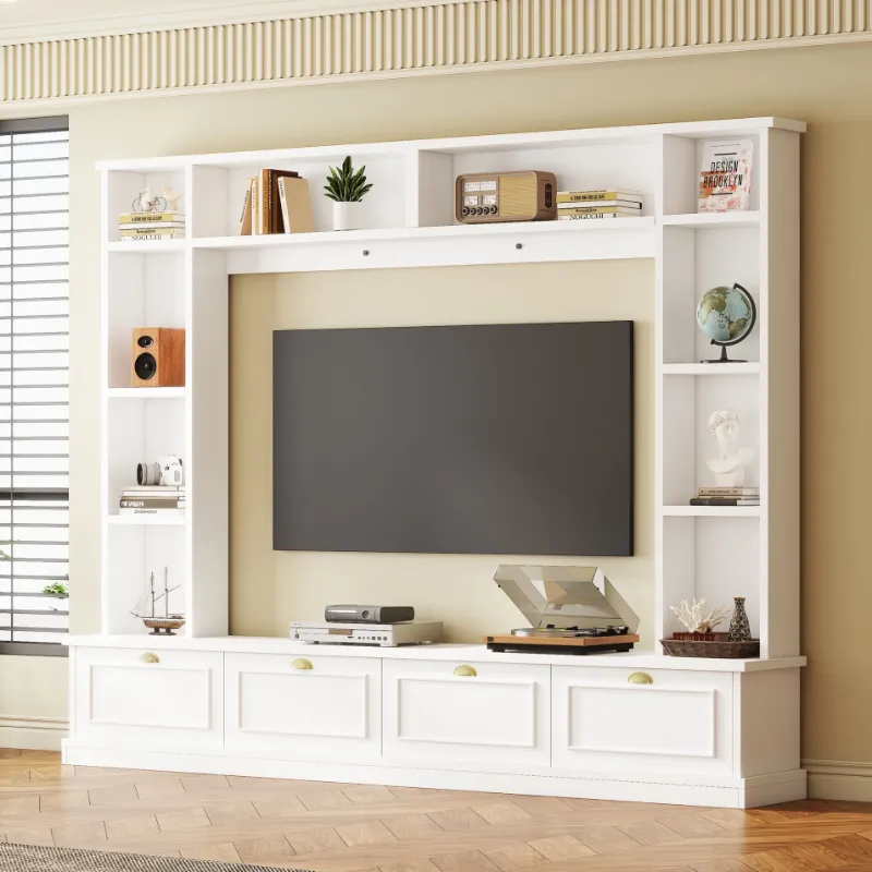 Photo 1 of 104.2" Large Wall Unit TV Stand with Storage for TVs up to 78", Modern Entertainment Center with Bookshelves, TV Console with Cabinets and Open Shelves, 4-in-1 TV Stand with Golden Handles, White
