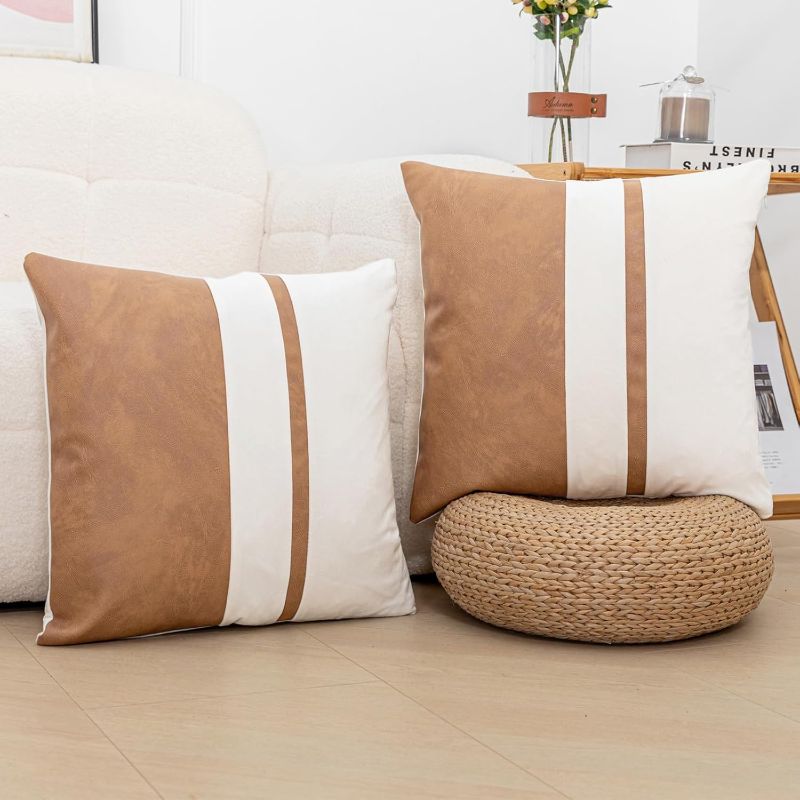 Photo 1 of ******HAVE BEEN USED MIGHT NEED TO WASH*****Set of 2 Tan and Cream White Decorative Throw Pillow Covers 18x18 Inch Faux Leather and Velvet Patchwork Pillow Cover,Modern Farmhouse Pillow Case for Living Room Couch Bed Boho Home Decor
