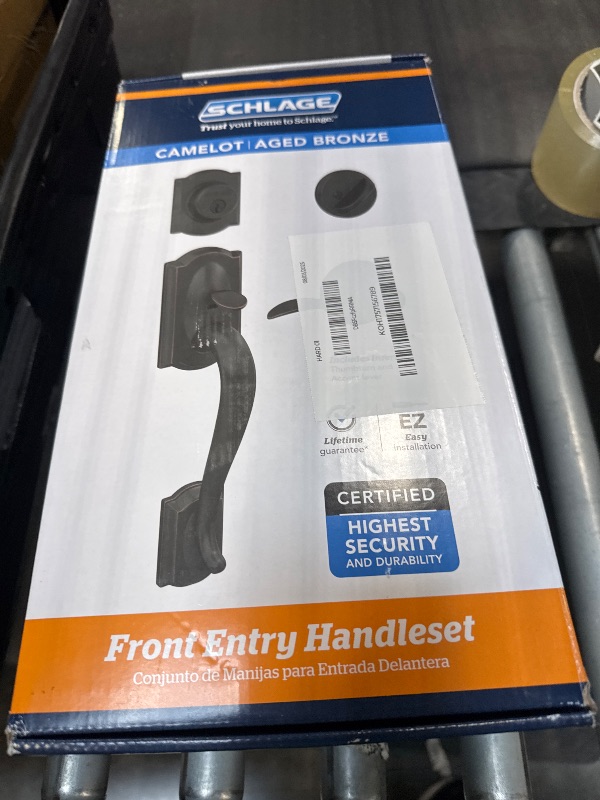 Photo 1 of ****MISSING DEADBOLT LEVER***
Schlage F60 V CAM 716 ACC Camelot Front Entry Handleset with Accent Lever, Deadbolt Keyed 1 Side, Aged Bronze