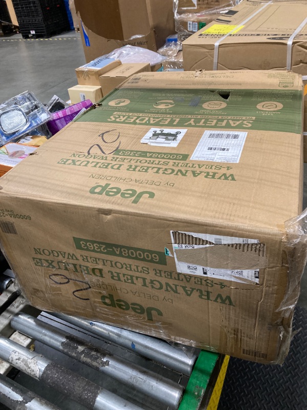 Photo 1 of **MISSING CHAIRS** Jeep Wrangler Deluxe 4 Seater Stroller Wagon by Delta Children - Premium Quad Stroller Wagon for 4 Kids with Convertible Seats, Adjustable Push/Pull Handles, Removable Canopy & Flat Fold, Grey