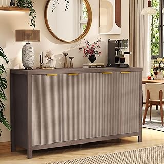 Photo 1 of ***WHITE****Hanherry 55 inch Sideboard Buffet Cabinet with Storage & Adjustable Shelves, Modern Wood Multifunctional 3D Striped Credenza Kitchen Cabinet with 4 Doors for Living Room, Dining Room, Dark Walnut
