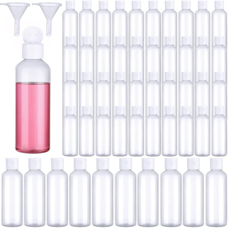 Photo 1 of **ONLY 27 BOTTLE/MISSING FUNNELS**50 Piece 3.4 oz Travel Bottles Set Clear Plastic Refillable Squeeze Bottles with Flip Cap Dispensers for Travel-size Liquid Cosmetics(Clear, White)