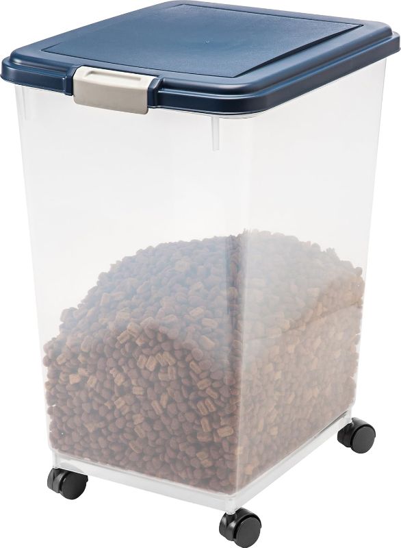 Photo 1 of 
IRIS USA Dog Food Storage Container, Up to 50 Pounds, Attachable Wheels, For Dog Cat Bird and Other Pet Food Storage Bin, Keep Fresh, Easy Mobility - Made in USA, Navy

