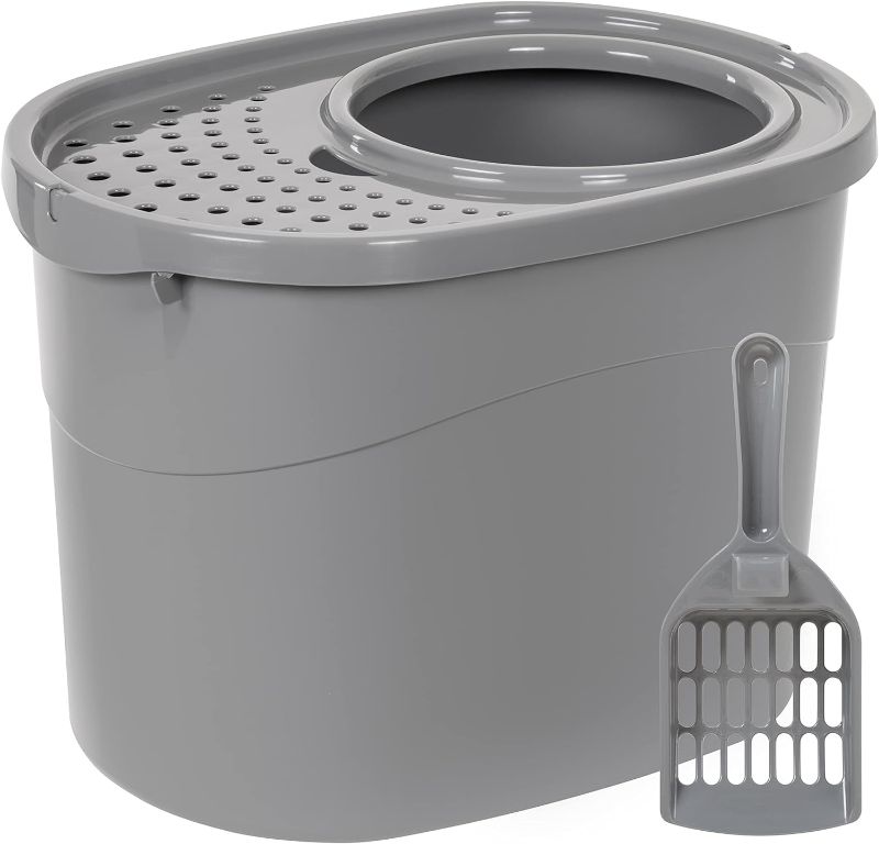 Photo 1 of 
IRIS USA Cat Litter Box, Large Top Entry with Litter Catching Lid and Scoop, Dog Proof, Cat Box Enclosure, Beige/Wh
