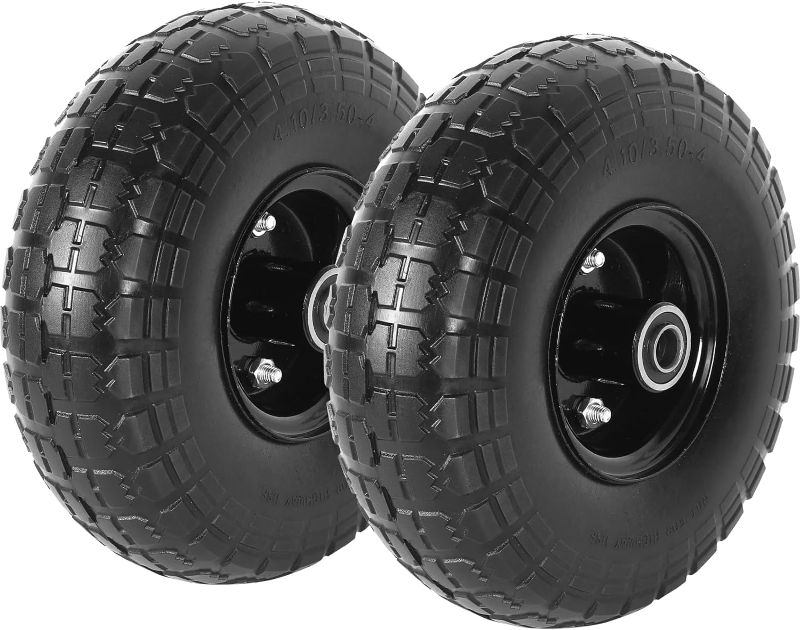 Photo 1 of (2-Pack) 10-Inch Solid Tire 4.10/3.50-4" Tire and Wheels Flat Free with 5/8" Bearings, 2.2" Offset Hub - Perfect for Hand Truck, Wheelbarrow, Trolley, Garden Wagon Carts, Utility Cart
