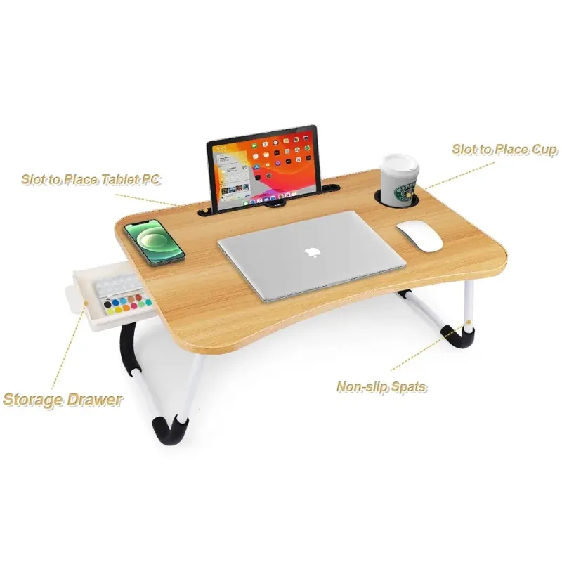 Photo 1 of  Foldable Lap Desk, 23.6 Inch Portable Wood Laptop Desk Table Workspace Office Organizer Bed Sofa Tray with Slots/Cup Holder/Drawer, Anti-Slip for Reading Writing Eating Watching, Walnut