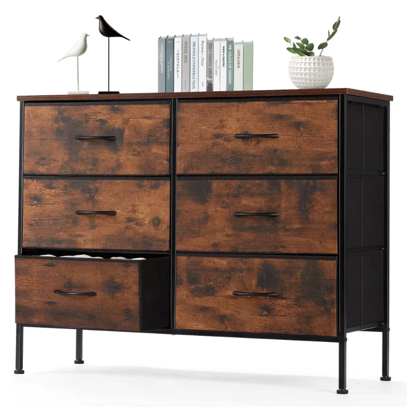 Photo 1 of  6 Drawer Dresser, Wide Chest of Drawers Nightstand Storage Tower Storage Fabric Dresser with Wood Top for Living Room, Bedroom, Hallway, Rustic Brown