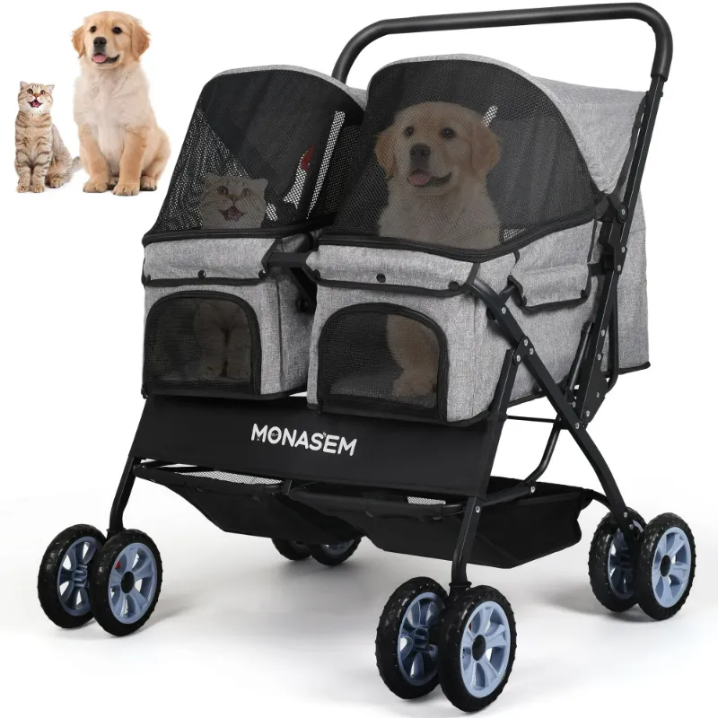 Photo 1 of  Double Pet Stroller Foldable Stroller for 2 Dogs Cats Two-Seater Carrier Strolling Cart for Dog Cat and More Multiple, Grey