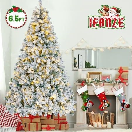 Photo 1 of Ifanze 6.5ft Pre-lit Snow Flocked Christmas Tree with 300 Warm Lights 1200 Tips Artificial Snowy Xmas Pine Tree with Reinforced Metal Base for Home O
