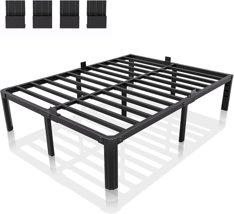Photo 1 of 14 Inch Metal Bed Frame Queen Size, Heavy Duty Balck Platform Queen Size Bed Frame with Round Corner Legs, Mattress Slide Stopper, No Box Spring Needed, Easy Assembly
