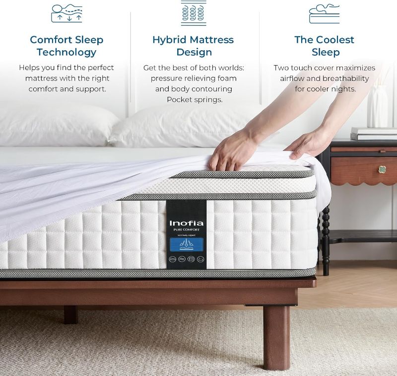 Photo 1 of  Twin XL Mattress, 10 Inch XLong Twin Hybrid Mattress with Cool Memory Foam Layers, Waterproof Protector Set, Motion Isolating Individually Wrapped Coils, Supportive & Pressure Relief

