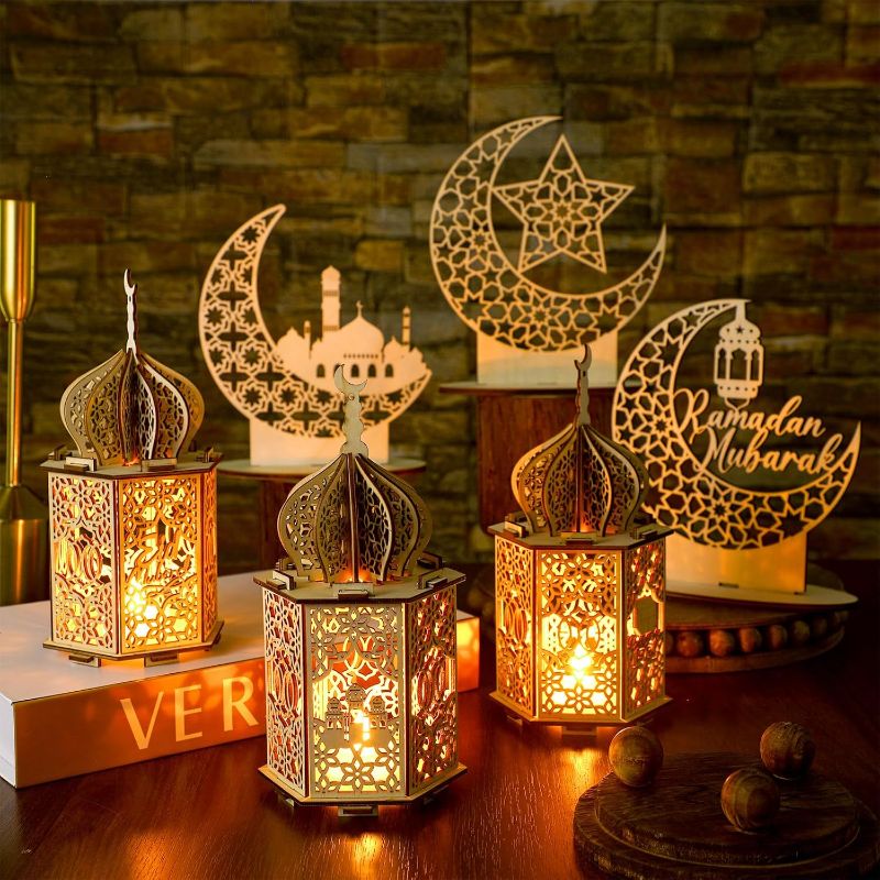 Photo 1 of 9 Pcs Eid Decorations Ramadan Lanterns with LED Lights Moon Hollow Eid Plaque Set Eid Mubarak Table Decor Muslim Wooden Hanging Lantern Night Light for Ramadan Kareem Party Decorations