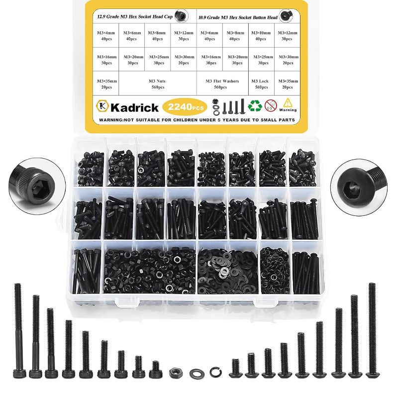 Photo 1 of 
Kadrick 2240 Pcs M3 Screws Nuts Washers Assortment M3x4MM-35MM, Hex Socket Button & Cap Head Metric M3 Machine Bolts Kit, 12.9 & 10.9 Grade Alloy...
Size:Black Oxide 2240Pcs