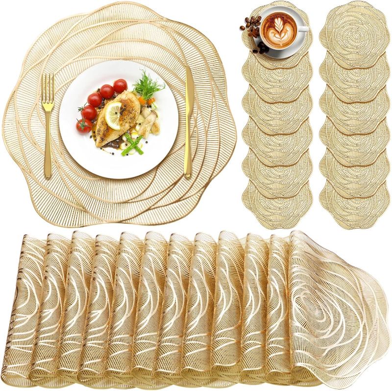 Photo 1 of 15 Inch Round Pressed Vinyl Placemats Hollow Out Rose Placemat Set Metallic Slip Resistant Place Mat Coaster Including Place Mats and Coasters for Dining Kitchen (Gold)