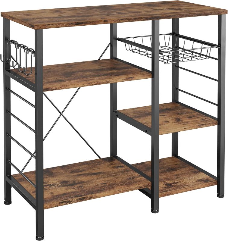 Photo 1 of  Industrial Kitchen Baker’s Rack, Kitchen Island Utility Storage Shelf, Coffee Bar Microwave Stand with 6 Hooks, Metal Frame, Simple Assembly, natural color