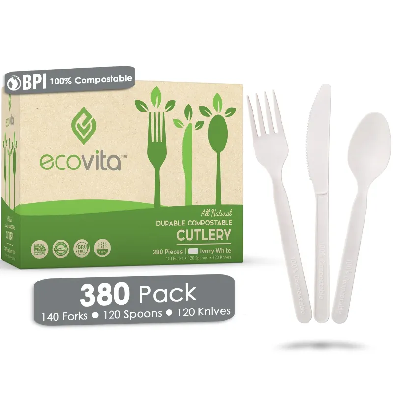 Photo 1 of 100% Compostable Forks Spoons and Knives - 380 Piece Eco Cutlery Combo Set - Eco Friendly Alternative to Plastic Silverware | Ecovita | White