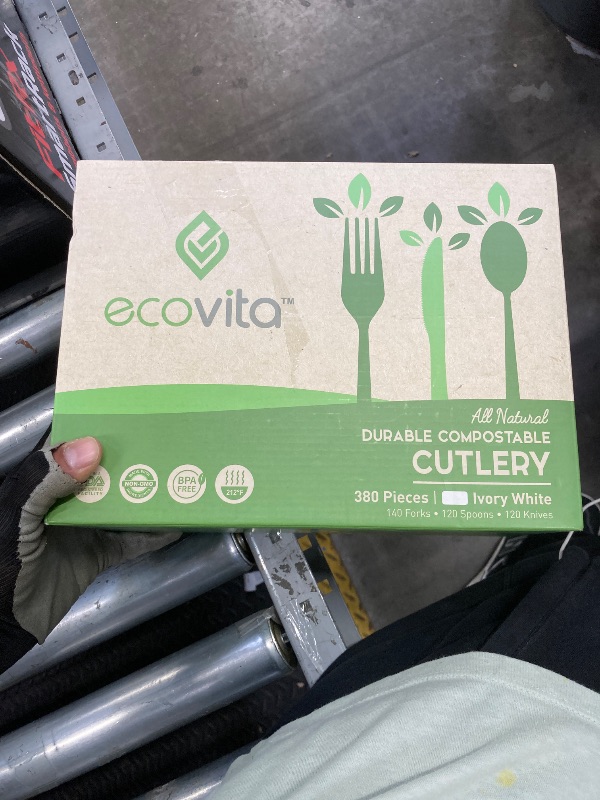 Photo 1 of 100% Compostable Forks Spoons and Knives - 380 Piece Eco Cutlery Combo Set - Eco Friendly Alternative to Plastic Silverware | Ecovita | White