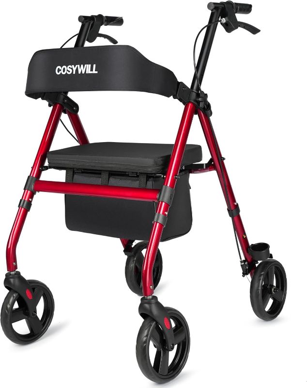 Photo 1 of ***THE COLOR IS BLUE****COSYWILL Rollator Walker with Seat,Foldable Mobility Walker with Durable Steel,Rolling Walker with 8" Wheels for All Terrain,Adjustable Height,300 lbs,Red