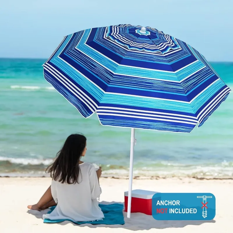 Photo 1 of AMMSUN 6.5ft Heavy Duty Beach Umbrella with Tilt & UPF50+ Sun Protection & Carry Bag,Blue Stripes