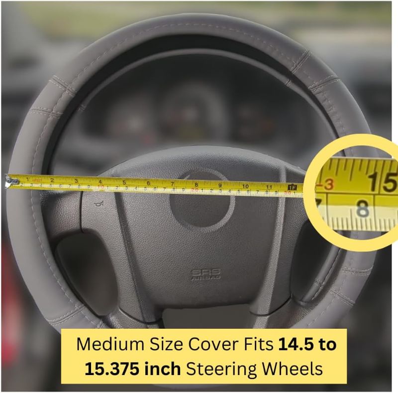 Photo 1 of \Steering Wheel Cover, Dark Gray, Real Genuine Leather, 15 inch, for Men and Women, Universal, Stretch On, Heat Resistant, Stays Cool, Non-Slip, HANWOLF