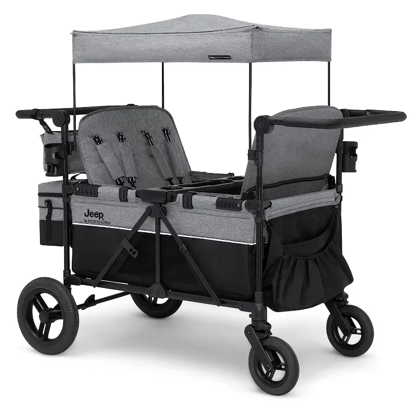 Photo 1 of Jeep Wrangler Deluxe 4 Seater Stroller Wagon by Delta Children - Premium Quad Stroller Wagon for 4 Kids with Convertible Seats, Adjustable Push/Pull Handles, Removable Canopy & Flat Fold, Grey
