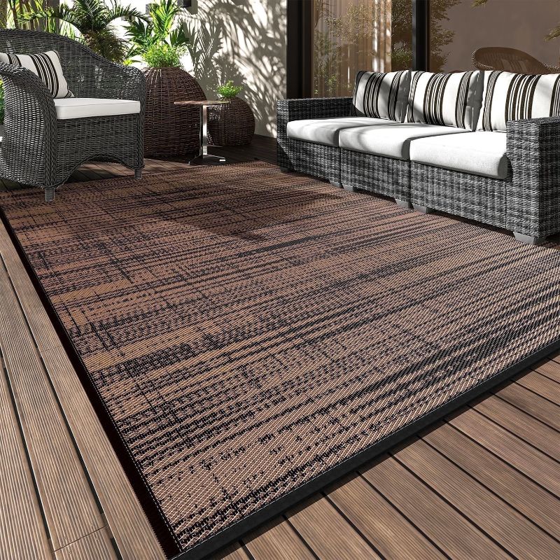 Photo 1 of 
VUNATE Outdoor Rug Carpet 9'x12' Waterproof Reversible Patio Rug Portable Modern Abstract Indoor Outdoor Rug Plastic Straw Rug for RV Camping Garden Picnic Deck Backyard Porch Decor Black and Brown