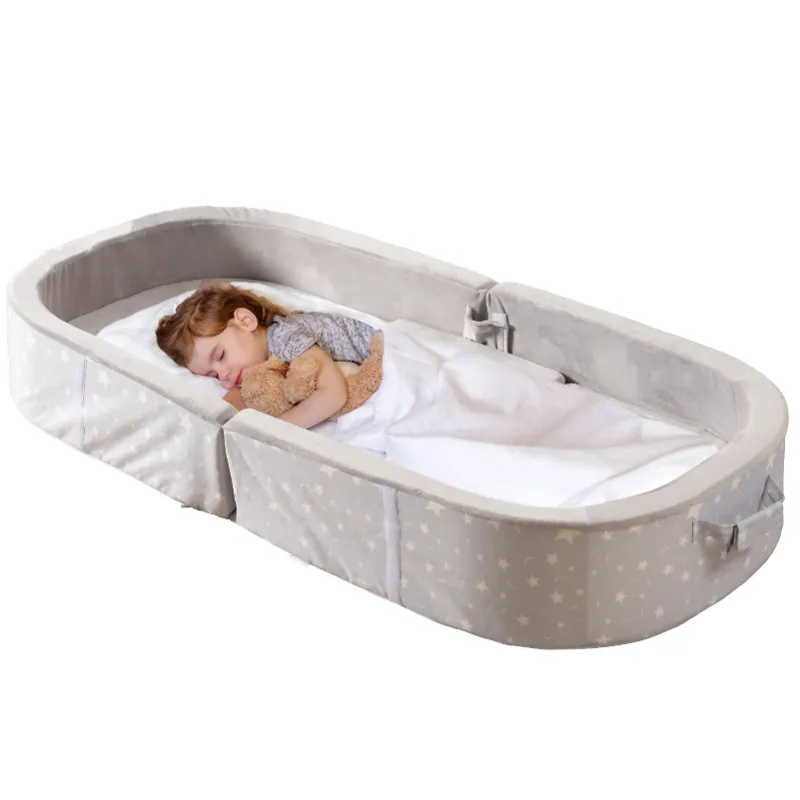 Photo 1 of BYBYME Portable Toddler Bed Travel Toddler Bed Waterproof Crib with Washable Fitted Sheet - Foldable Kids Floor Cot for Sleepovers, Grey
