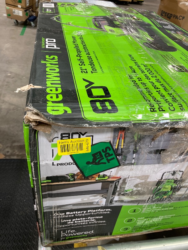 Photo 1 of +++it's stained++++Greenworks 80V 21" Brushless Cordless (Self-Propelled) Lawn Mower (LED Headlight + Aluminum Handles), 4.0Ah Battery and Rapid Charger Included (75+ Compatible Tools)