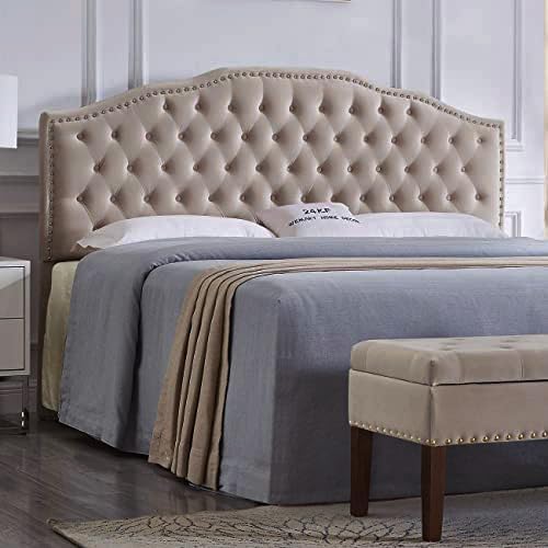 Photo 1 of 24KF Upholstered Button Tufted King Size Headboard with Nailhead Trim, Soft Velvet Fabric Headboard King/CA King Size Headboard-Gray