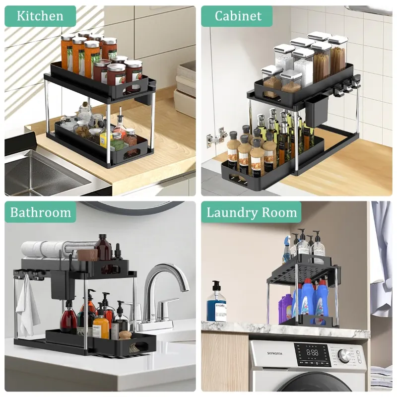 Photo 1 of 2 Pack Under Sink Organizer, Adjustable Height Bathroom Cabinet Organizer,Double Sliding Undersink Cabinet Storage Shelves with Hooks & Hanging Cup for Kitchen Bathroom